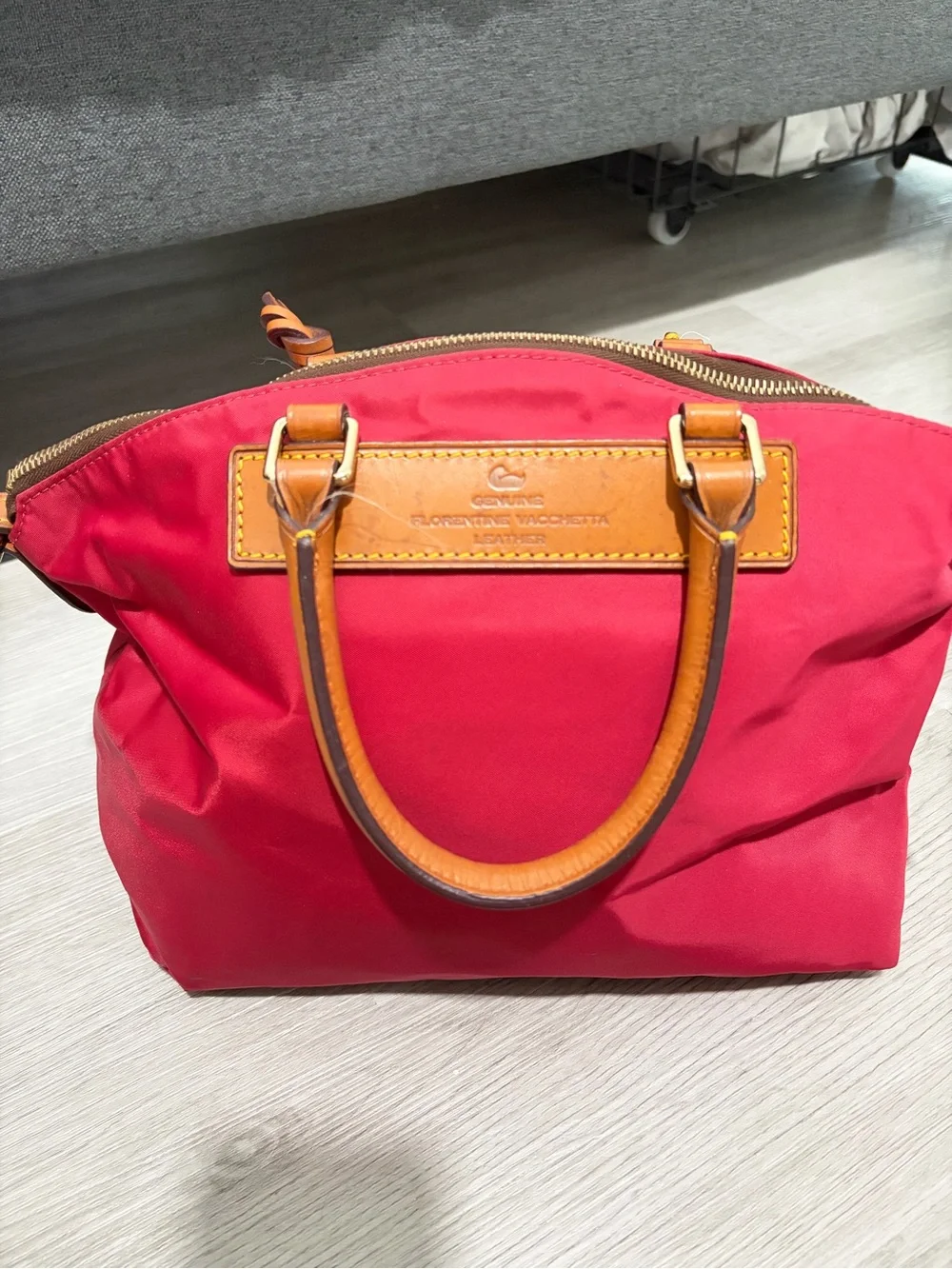Dooney & Bourke Red Nylon Satchel with Tan Leather Trim and Gold Hardware